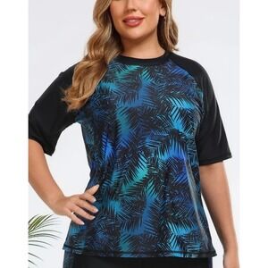 Halcurt Womens Plus Size 2X Rash Guard Swim Top Blue Black Palm Leaf UPF 50+ NEW